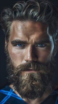 A portrait of a handsome Scottish man highlighted by the vibrant colors of the Scottish flag. Naturally handsome Scottish man with a sense of national pride.