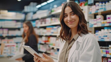 Young happy pharmacist working on digital tablet in drugstore and looking at camera. Her customer is in the background.
