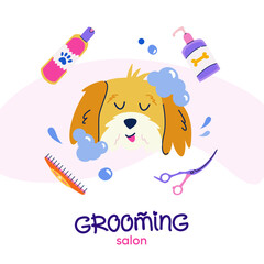 Grooming salon. Cute happy bathing dog in flat style. Dog conditioner, curved scissors, shampoo for pet grooming. Vector logo design with handwritten typography for banner, poster, postcard