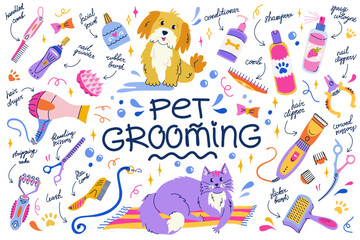 Vector set of equipment and cosmetics for pet grooming in flat style. Home grooming tools isolated sticker for banners, posters and social media. Stripping rake, nail grinder, flea comp