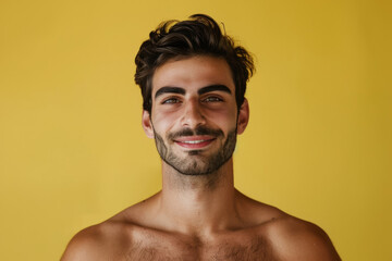 Fototapeta premium A shirtless man with a beard smiles for the camera