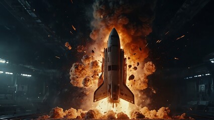 Spaceship explodes in the sky. explosion in space - obrazy, fototapety, plakaty