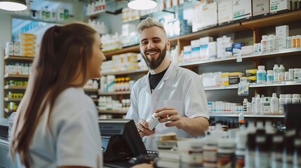 Young man buying in pharmacy with help of female pharmacist. Copy space.