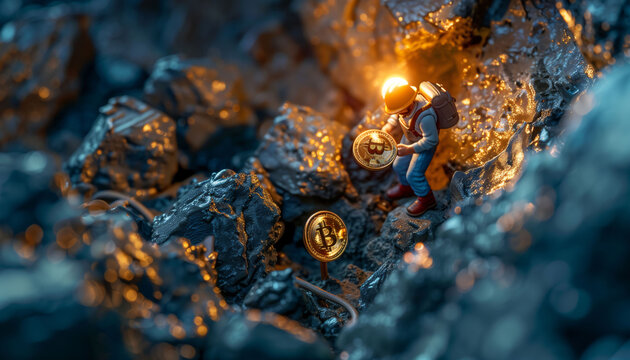 Digging and mining bitcoins in a mine with miniature miner digging with selective focus.