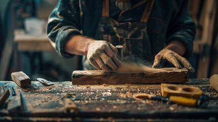 Young carpenter sanding wood piece in workshop in furniture factory