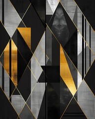 a modern geometric pattern with triangles and stripes in black, grey and gold colors