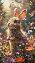 Capture a whimsical scene of a fluffy bunny at a tilted angle view, surrounded by colorful flowers and butterflies in watercolor