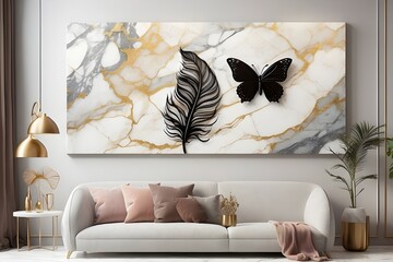 panel wall art, wall decoration, marble backdrop with silhouettes of a feather and a butterfly