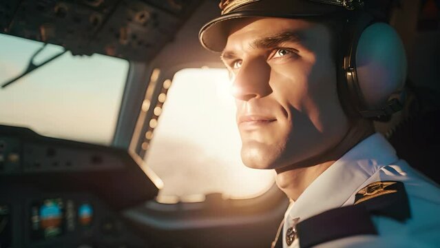 Caucasian male airplane captain wearing uniform in cockpit.