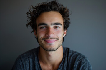 A young man with a beard is smiling for the camera