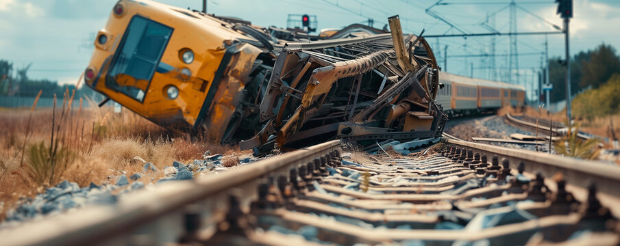 Train derailment on a railway track with twisted metal and overturned cars.