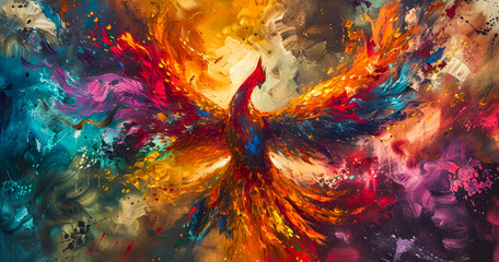 an abstract painting phoenix colorful feather background, 4K Desktop wallpaper - obrazy, fototapety, plakaty