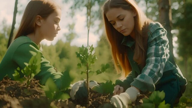 Caucasian mother and daughter planting trees in the forest.