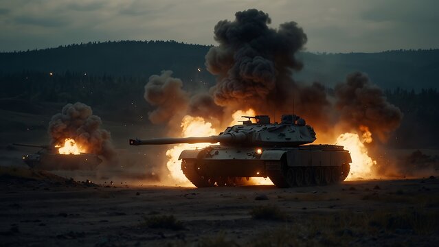 Fiery Seascape at Sunset war tank: A mesmerizing scene with flames dancing on the ground at dusk. violent explosion Framed with the silhouette of a Tank against the evening sky.