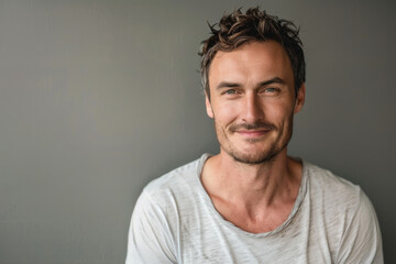 Fototapeta premium A man with a beard and a white shirt smiles for the camera