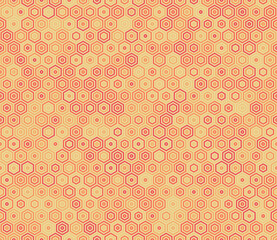 Hexagonal pattern background. Stacked hexagon bold mosaic cell. Hexagon geometric shapes. Multiple tones color palette. Seamless pattern. Tileable vector illustration.