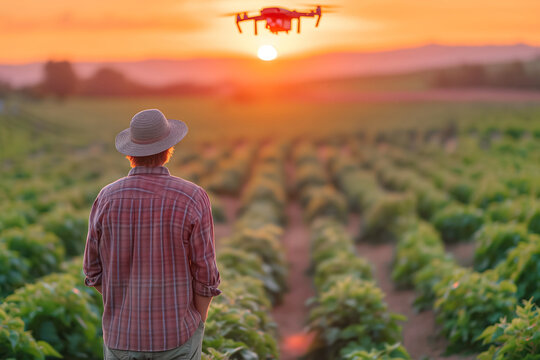Farmer Using Drone at Sunset on Farm