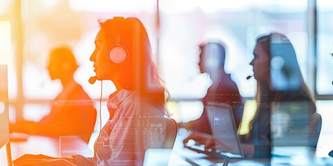 Female customer service representative with headset working at a busy, contemporary office environment.