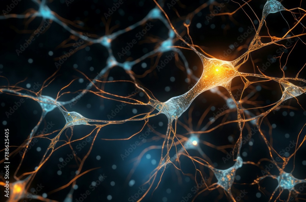 Poster scientific single neuron synapses scheme board. network system cell science mind. generate ai