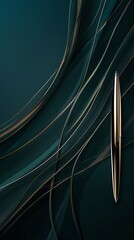 A sleek and elegant design featuring a dark teal background with golden lines, showcasing an open pen on the right side of the composition The image is captured in high resolution with vector graphics