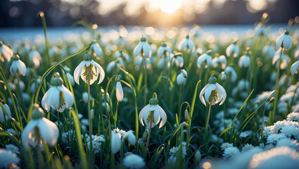 A tranquil scene unfolds at dawn as a field of delicate snowdrops emerges from a snowy blanket.