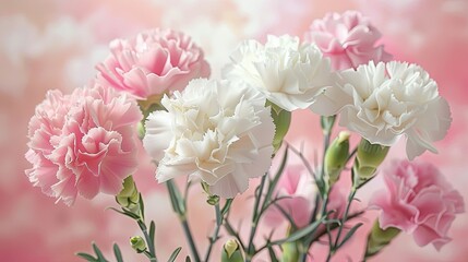 Obraz premium A stunning arrangement of white and pink carnation flowers set against a soft pastel backdrop Perfect for honoring Mother s Day Women s Day or adding a touch of elegance to a wedding celebr