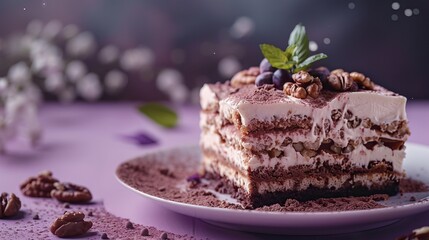 A slice of tiramisu garnished with coffee beans and mint on a plate