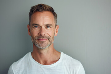 Obraz premium A man with a beard is smiling and wearing a white shirt