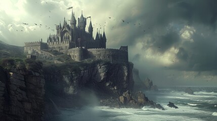 A historic medieval castle on a cliff, ocean waves crashing below, dramatic sky, knights and horses, period architecture. Resplendent. - obrazy, fototapety, plakaty