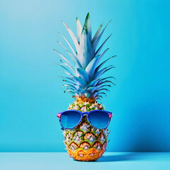 Pineapple with sunglasses with a blue background.