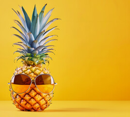 Pineapple with sunglasses with copy space and yellow background.