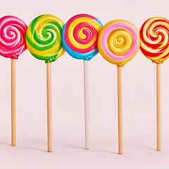 Several lollipops of different colors and flavors on a pink background.
