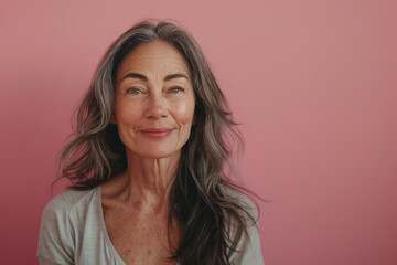 Fototapeta premium A woman with gray hair is smiling in front of a pink background