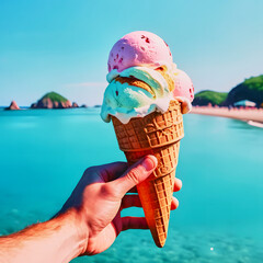 Refreshing ice cream cone with a beach at background.