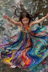 Colorful Dress Twirling Young Girl on Abstract Painted Background