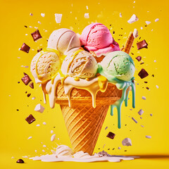Refreshing ice cream cone with sweet splashes all over it on a yellow background. - obrazy, fototapety, plakaty