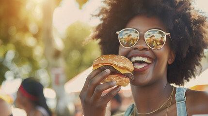 Mulher afro comendo um hambúrguer em um festival  - obrazy, fototapety, plakaty
