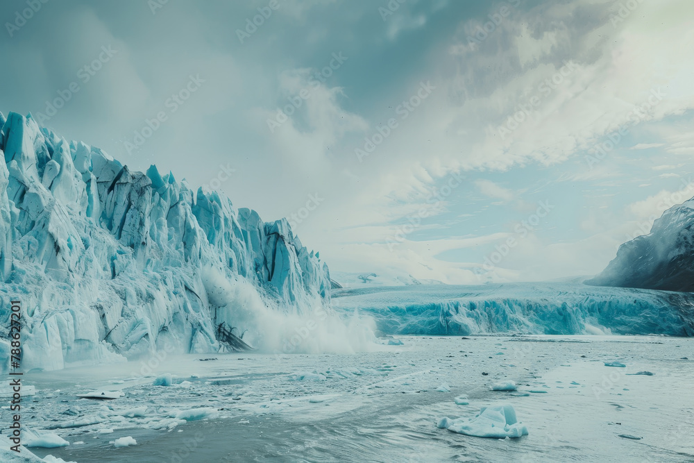 Poster a large ice wall is crashing into the ocean, creating a powerful wave