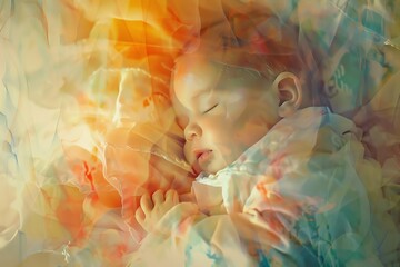 Capture the thrilling moment of a newborns first breath in watercolor, showcasing the peaceful chaos of a birth scene from a high angle perspective