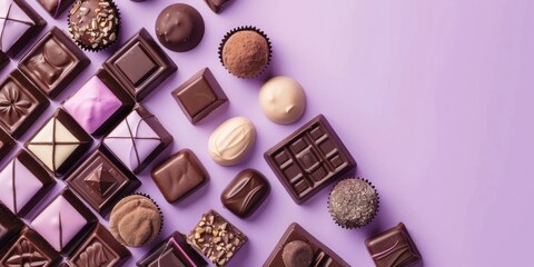 horizontal banner, different types of chocolate and chocolates, lots of sweets, top view, confectionery factory, purple background, copy space, free space for text