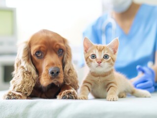 cute dog and cat in clinic at the veterinary clinic. Pet check up and vaccination. Health care - 788627401