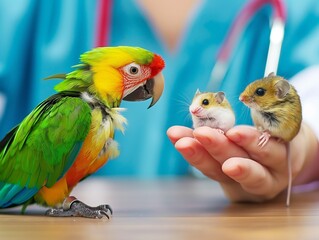 cute parrot and hamster in clinic at the veterinary clinic, check up and vaccination. Health care - 788627442