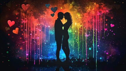 Silhouetted couple in a loving embrace under a luminous, neon-colored heart, reflecting on a wet surface.