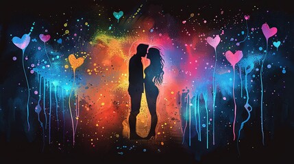 Silhouetted couple in a loving embrace under a luminous, neon-colored heart, reflecting on a wet surface.