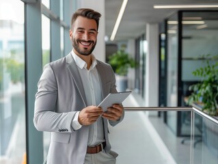 Fototapeta premium smilling young caucasian business man executive holding tablet and reading news at the office