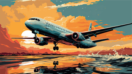 Colorful illustration of an airplane taking off in the sun. Air flight, tour, happy trip, flight, travel packages, booking, buying air tickets. Airplane landing at the airport. Pop art style. - obrazy, fototapety, plakaty