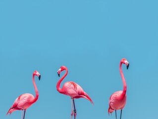 Group of pink flamingos against the blue sky, pink magenta flamingos - 788627647