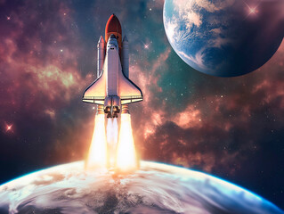 Rocket takes off in the sky. Spaceship begins the mission. Space shuttle taking off on a Planet