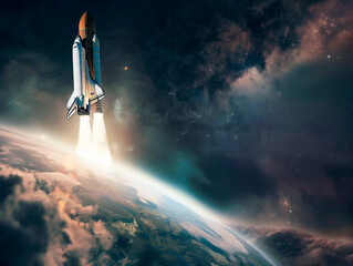 Rocket takes off in the sky. Spaceship begins the mission. Space shuttle taking off on a Planet - 788627695