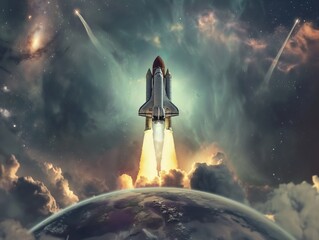 Rocket takes off in the sky. Spaceship begins the mission. Space shuttle taking off on a Planet